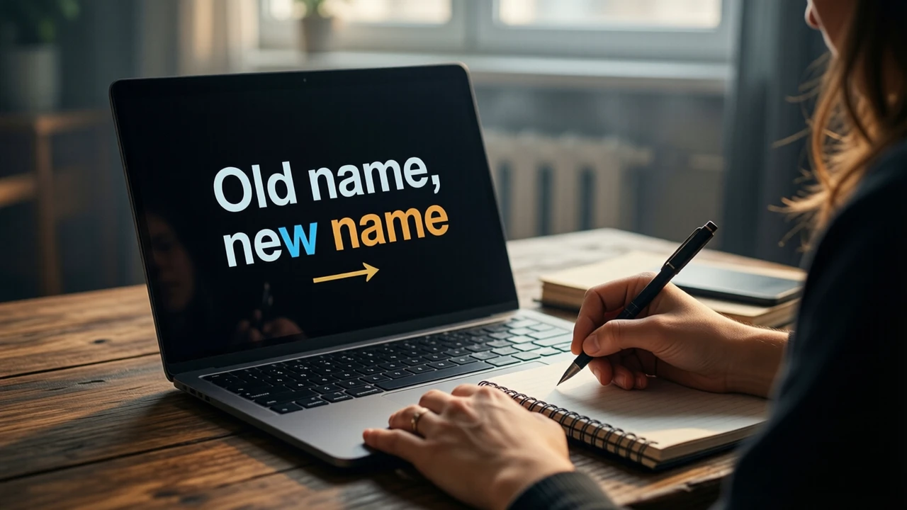 A woman writer at a desk in a quiet room in the late afternoon, writing in a spiral notebook beside a laptop whose screen is almost black with the large white words "Old name, new name" and a short gold arrow between them