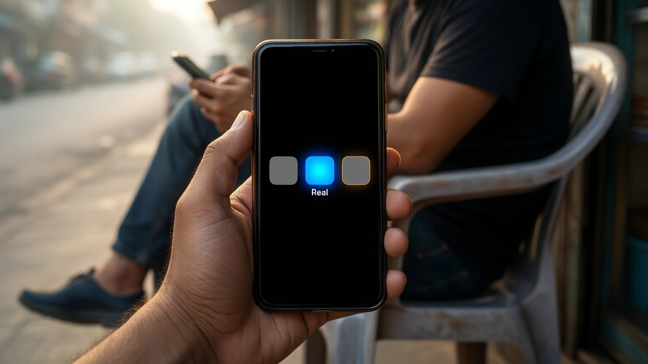 A man sitting on a plastic chair outside a small shop holds his phone close, the phone screen almost black with three plain grey app tiles in a row, only the middle tile glowing bright blue with the white word "Real" under it