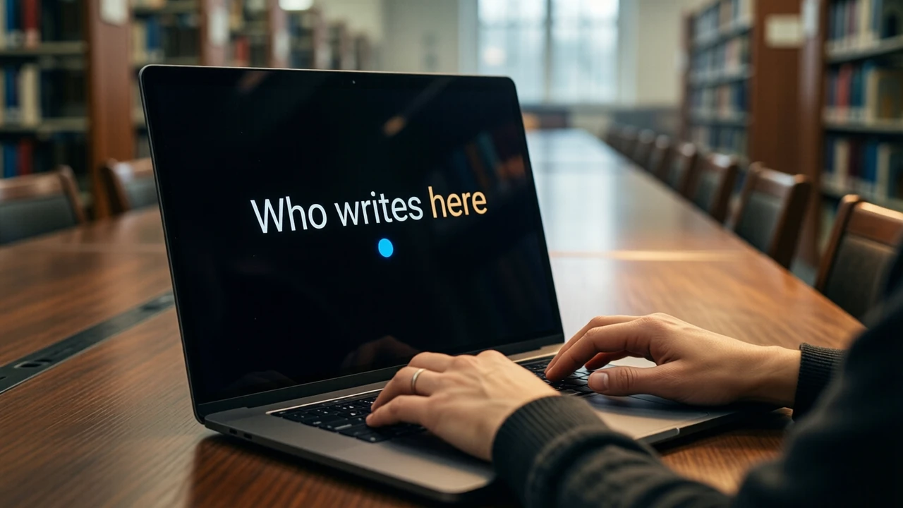 A woman typing on a laptop at a long table in a quiet library, the laptop screen almost black with the large white words "Who writes here" above one small bright blue dot