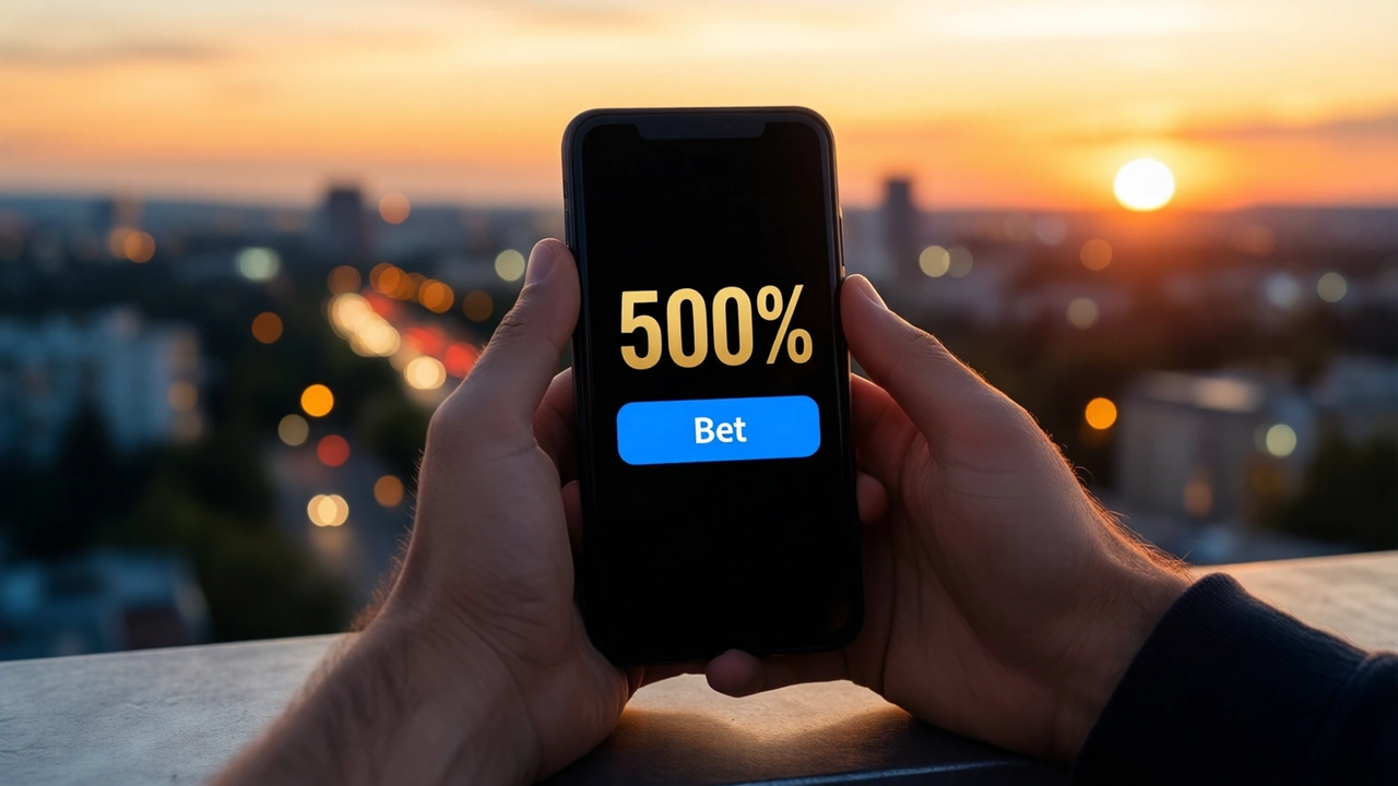 Two friends on a rooftop at sunset leaning over one phone, the phone screen almost black with the large gold number "500%" printed flat above one wide bright blue button carrying the white word "Bet", city lights blurred behind them.
