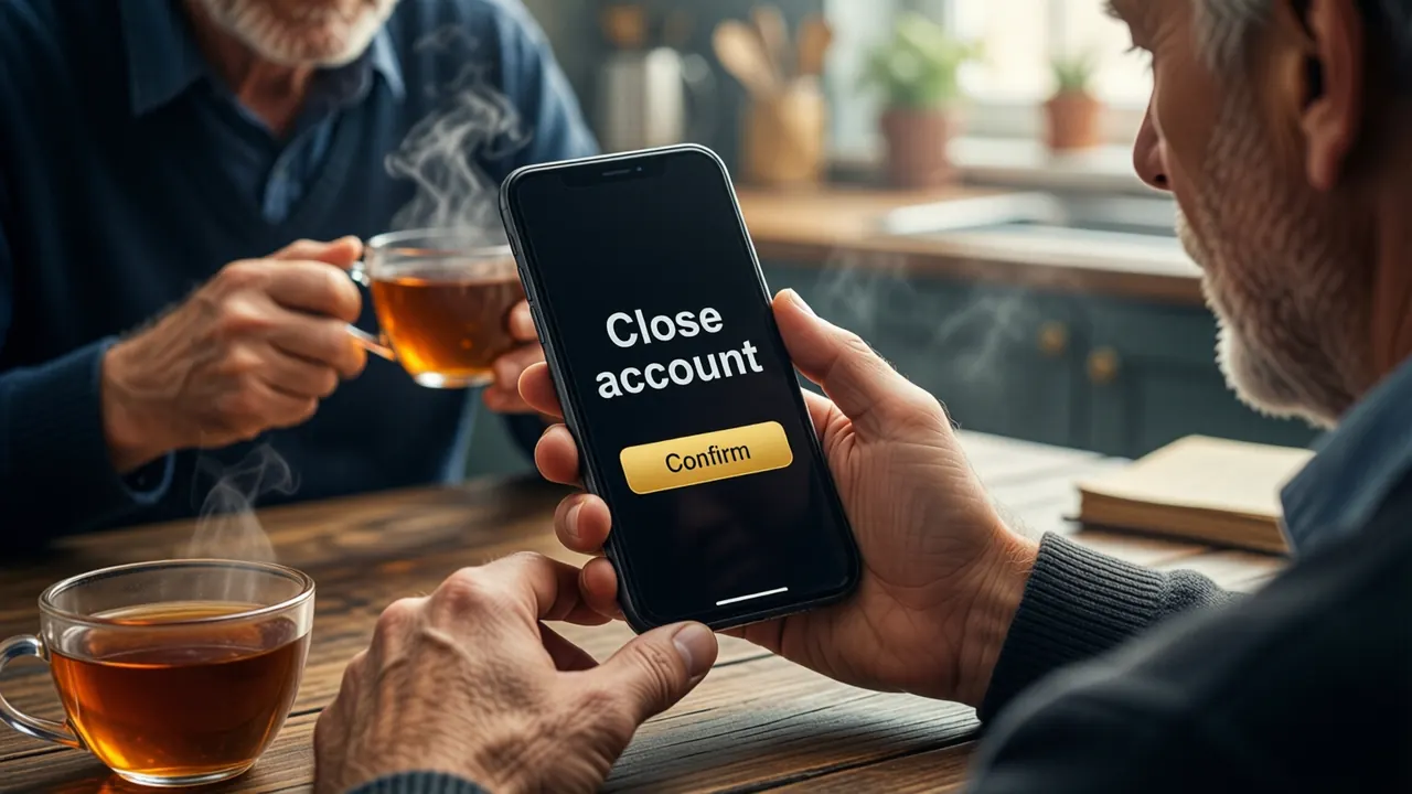 An older man sitting at a kitchen table with a cup of tea, holding his phone at arm's length, the phone screen almost black with the large white words "Close account" above one wide gold button carrying the dark word "Confirm"