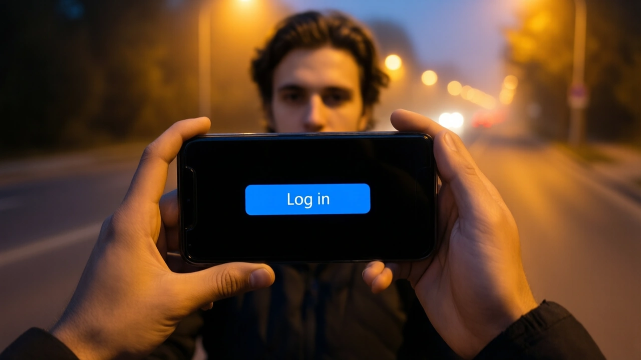 A young man on a scooter parked at a roadside in the evening holds up his phone, the phone screen almost black with one wide bright blue button carrying the white words "Log in", warm street light on his face.