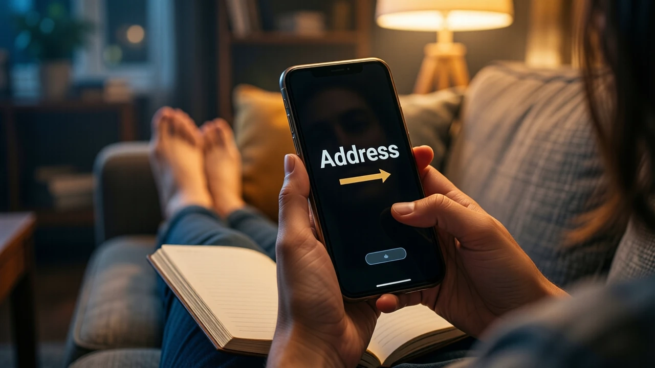 A woman sitting on a sofa with her feet tucked under her, a notebook open on her knee and a phone in her hand, the phone screen almost black with the large white word "Address" above a short gold arrow, warm lamp light.