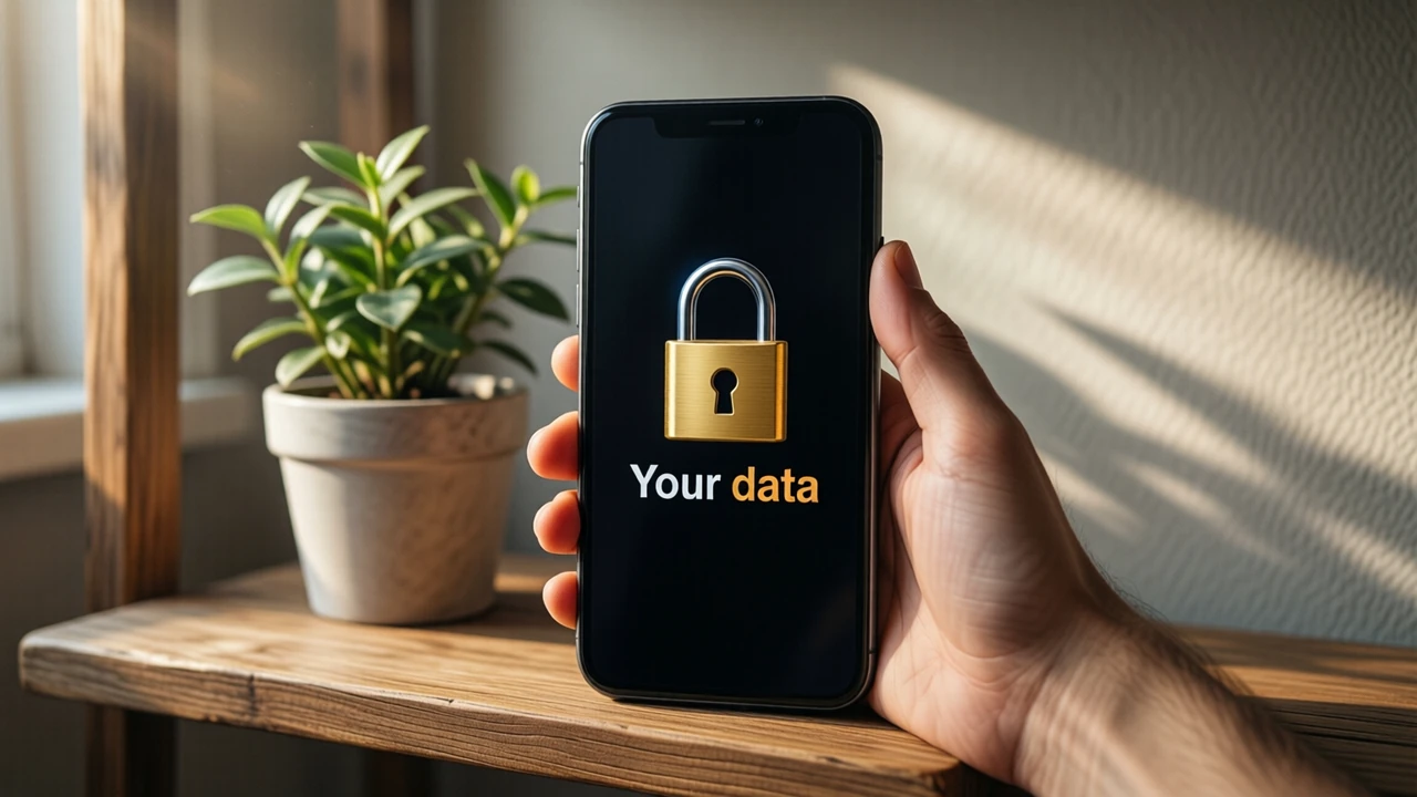A phone standing on a wooden shelf beside a small potted plant in soft morning light, the phone screen almost black with a large gold padlock and the white words "Your data" under it