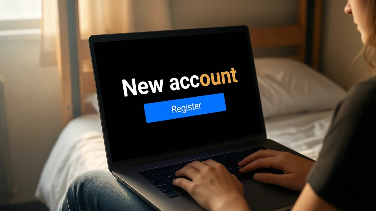 A college student sitting on a hostel bed with a laptop on her knees, the laptop screen almost black with the large white words "New account" above one wide bright blue button carrying the white word "Register"