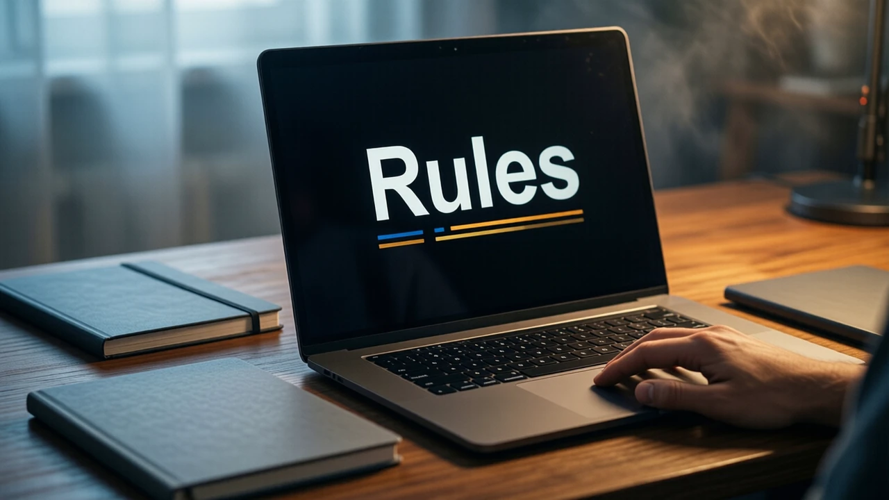A laptop on a study table next to two plain notebooks with blank grey covers, the laptop screen almost black with the large white word "Rules" and three short gold lines beneath it, a hand resting on the trackpad.