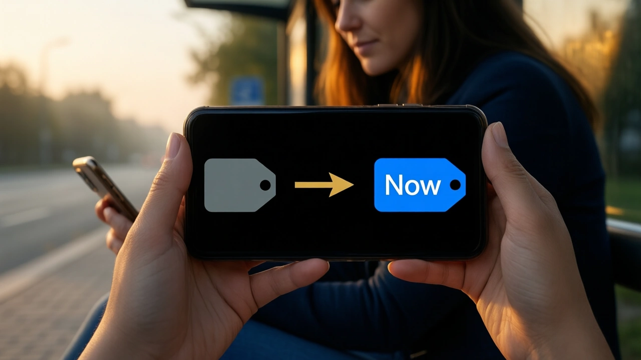 A woman sitting at a bus stop at dusk looks at her phone, the phone screen almost black with a small dim grey tag on the left, a short gold arrow in the middle and a bright blue tag on the right carrying the white word "Now"